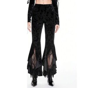 SHEIN Black Velvet Floral Lace Flare Pants | Gothic Romantic | Large
